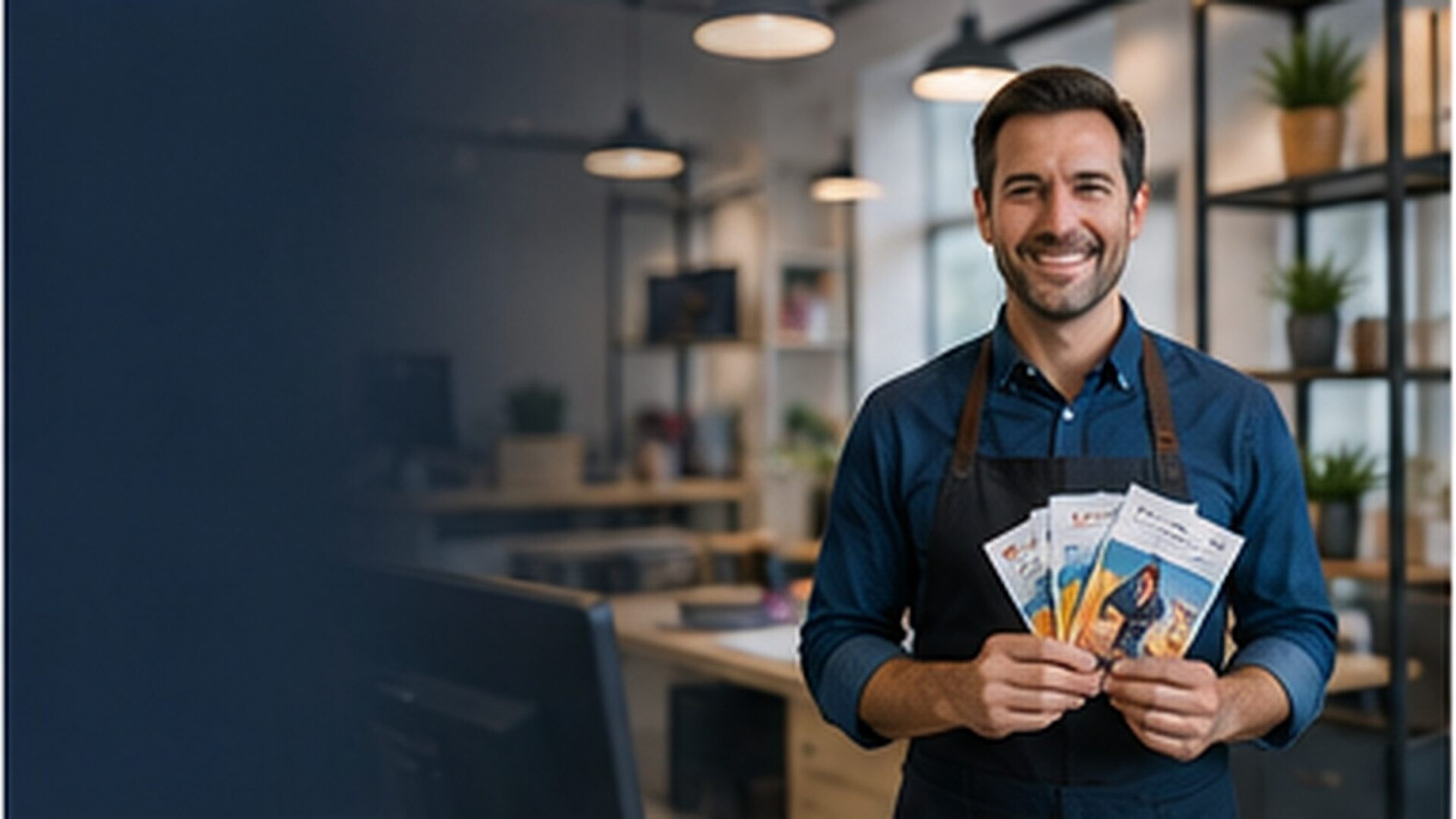 Commerçant satisfait tenant ses flyers imprimés par KOOPRINTA