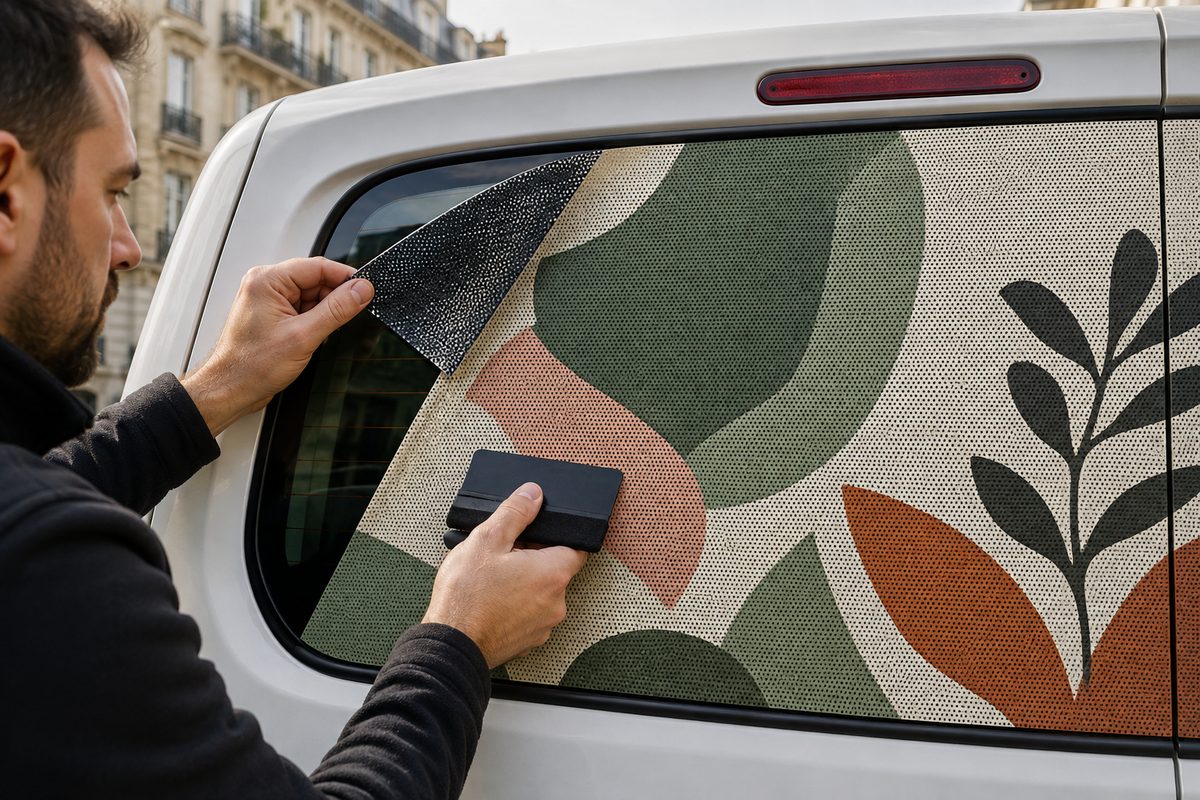 Sticker vitre arrière (one way vision) imprimé et découpé par KOOPRINTA