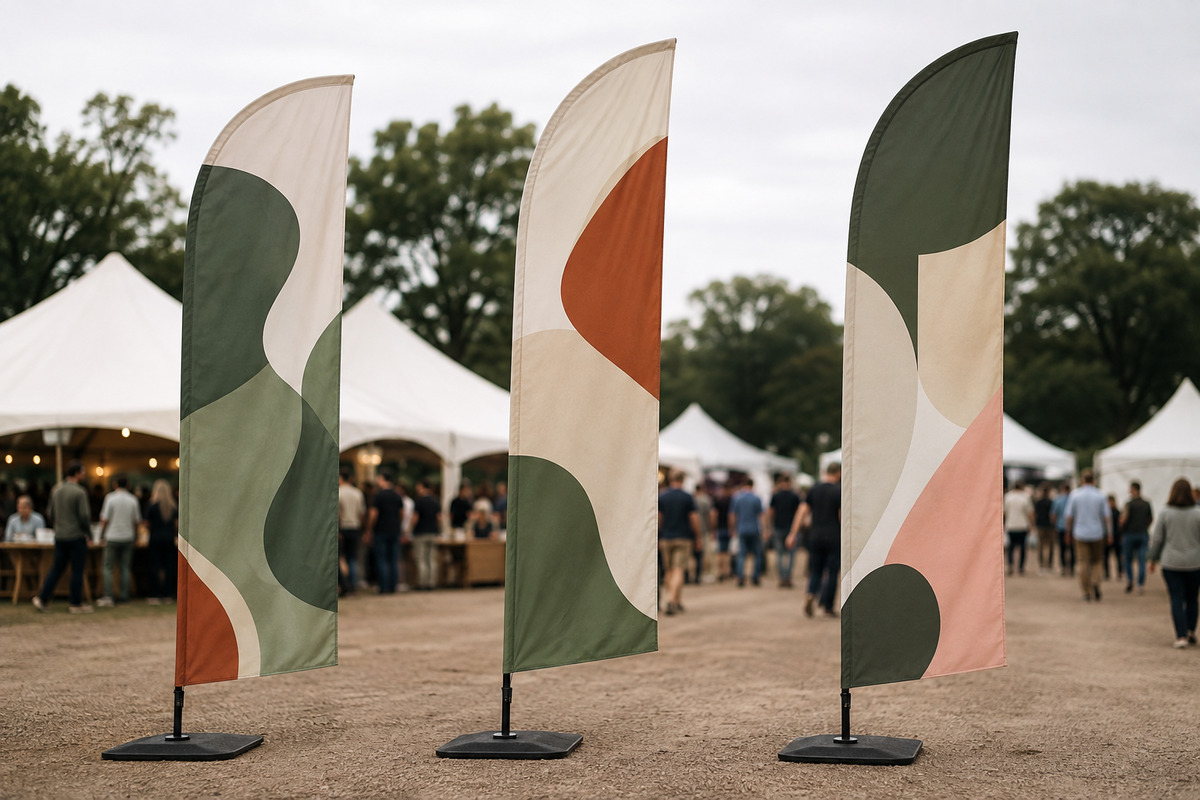 Drapeau publicitaire imprimé hissé sur un mât avec potence, flottant devant un second mât sans potence